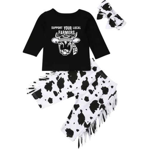 Pudcoco 3PCS Newborn Baby Girl Boy Clothes Sets Casual Long Sleeve T-shirt Top Cow Print Tassels Pants Trousers Headband Outfit