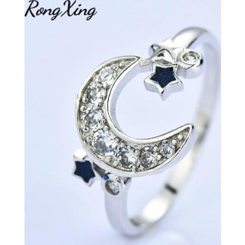 RongXing Cute Moon Stars Ring Silver Color Rings for Women Wedding Engagement Jewelry White Black Stone Ring Valentine