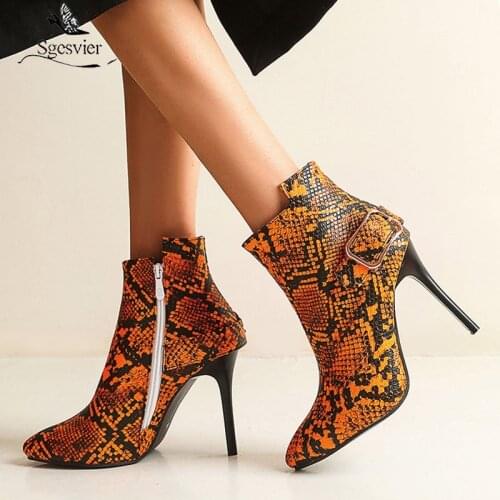 Sgesvier Snake Print Boots Women Shoes Stiletto High Heel Boots Faux Python Serpentine Ankle Boots Sexy Female Metal Footwear