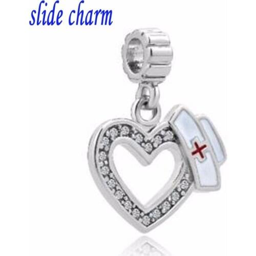 Slide charm Free shipping Fit Pandora charm bracelets White Birthstones Plate Heart Love With Medical Logo Dangle Charms For