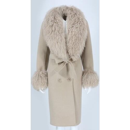 2021 X-Long Natural Mongolia Sheep Real Fur Coat Autumn Winter Jacket Women Double Breasted Belt Wool Blends Overcoat Streetwea