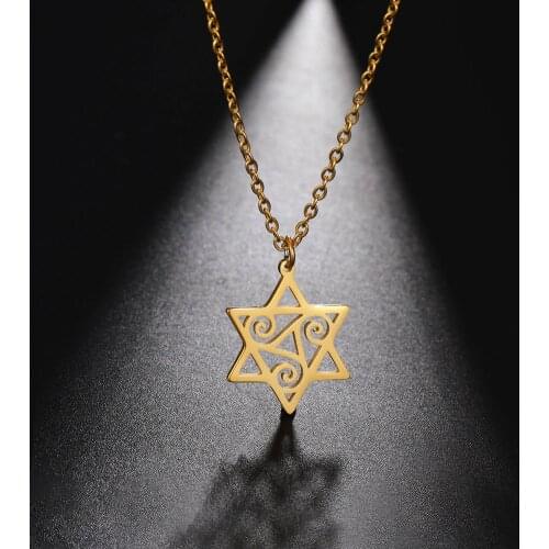 Skyrim Triskelion Hollow Six Pointed Star Pendant Necklace for Women Girls Viking Stainless Steel Gold Color Chain Necklaces