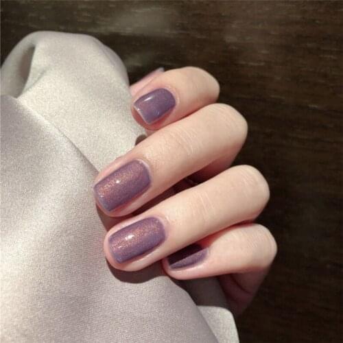 Super beautiful pearly purple pure color false nails french 24pcs with glue cute short fake nails Japanese lady full nail tips