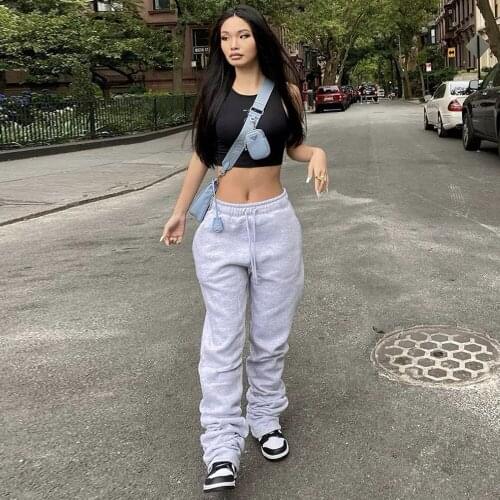 Streetwear Women Wide Leg Flare Stacked Ruched Pants High Waist Leggings Trousers Sportswear Sexy Tracksuit Sweatpants Autumn