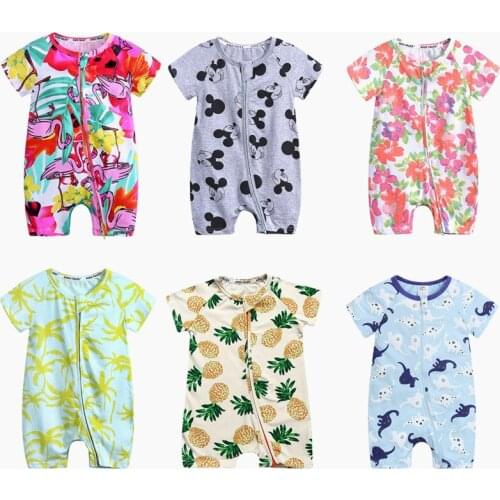 Unisex Infant Clothe Short Sleeve Summer Climbing Suits Zipper Front Open Cotton Jumpsuit 0-2 Year Boys Girls Snap-up Rompers