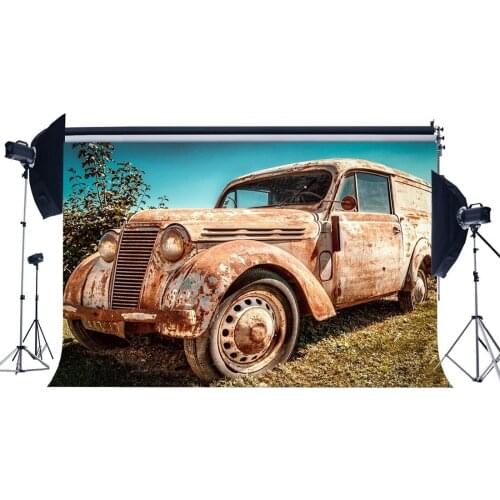 Vintage Old Car Backdrop Plants Green Grass Meadow Blue Sky Nature Spring Outdoor Scene Photography Background