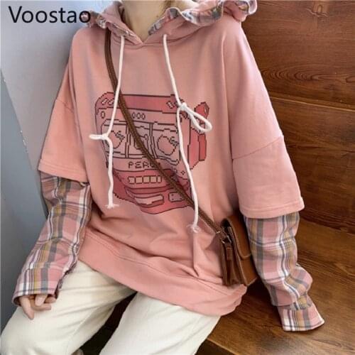 Japanese Sweet Cartoon Pig Print Sweatshirt Women Cute Patchwork Plaid Fake Two Piece Tops Outwear Hooded Girls Harajuku Hoodies