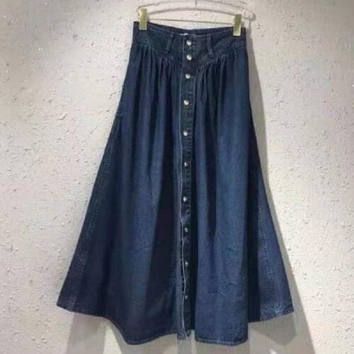 High Quality New Denim Skirt 2021 Autumn Fashion Style Women High Waist Studs Button Front Casual Blue Denim Jeans Skirt Maxi