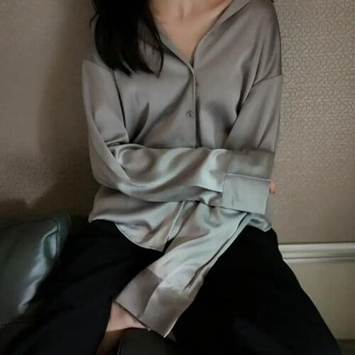 2021 Spring Korea style Oversize Women silk Shirt Turn-Down Collar Long Sleeve Solid Ladies Tunic Shirts Button Up Female Tops