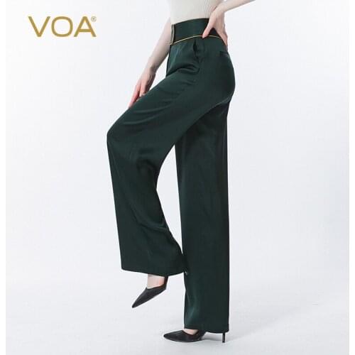 VOA Silk 40m/m Green Trousers Double-sided Satin Asymmetric Button Contrast Edge Pocket Loose Wide Leg Pants Women KE527