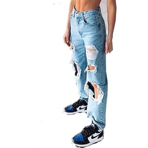 Boyfriend Jeans Women Denim Solid Hole Tassels High Waist Loose Casual Straight Korean Streetwear Lady Trouser Vintage Long Pant