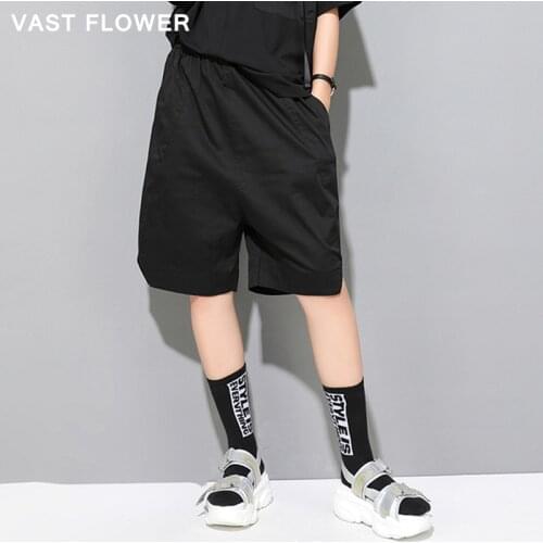 2021 Summer New Women Black Casual Wide Leg Pants Cotton Elastic Waist Patchwork Pocket Fashion Loose Knee Length Trousers