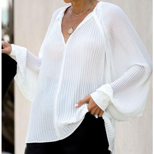 Womens Batwing Long Sleeves Shirts Pleated Wrinkled Chiffon Pullover Tops with Long Ribbon Casual Loose Sexy V-Neck Blouse