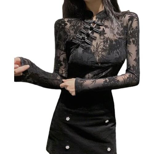 Women Sexy Transparent Black Mesh Shirts Fashion Chinese Retro Vintage Mandarin Collar Tops Blouse See Through Chic Shirt Blusa