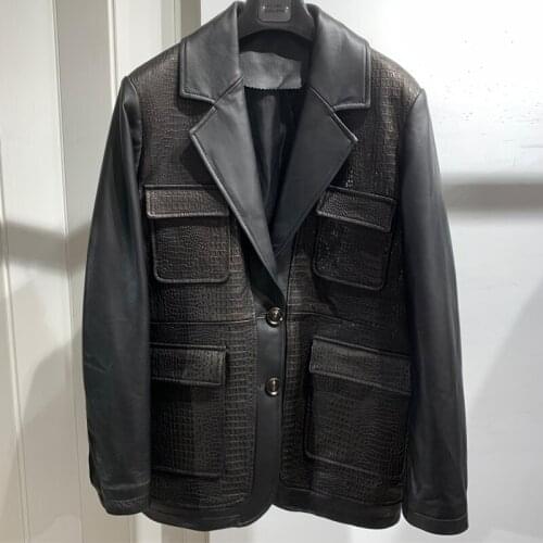 Ladies Real Sheep Leather Blazer Different Leather Spliced Lambskin Jacket