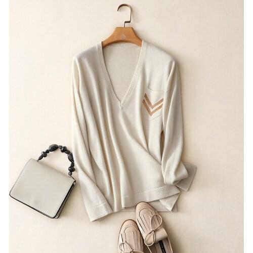 Autumn winter new 100% cashmere v neck pocket sweaters women long sleeve pink pullover european fashion brand knitwear