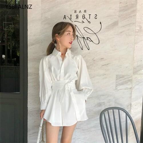 2021 Summer Women Two-piece Set Korean Fashion Clothing Loungewear Waist Down Shirt Long Sleeve Tops + Wide Leg Shorts Vestiti