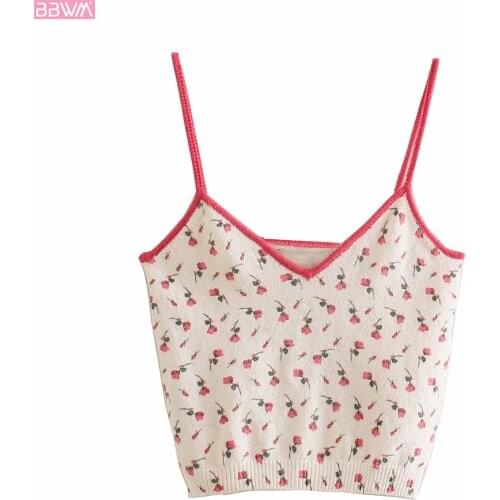 Women V-neck Sleeveless Sweet Fashion Floral Jacquard Knitted Vest Vintage Sling Chic Female Tops Camis Mujer