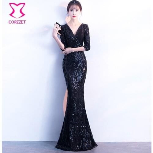 Corzzet Black Elegant Sequins Embellished Maxi Party Dress 3/4Sleeve Sexy Backless Floor Length Women Mermaid Slim Dresses