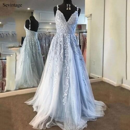 Sevintage Chic Spaghetti Strap V-Neck Long Prom Dresses Lace Pearls Women Formal Party Dress Tulle Evening Gowns robe de soiree