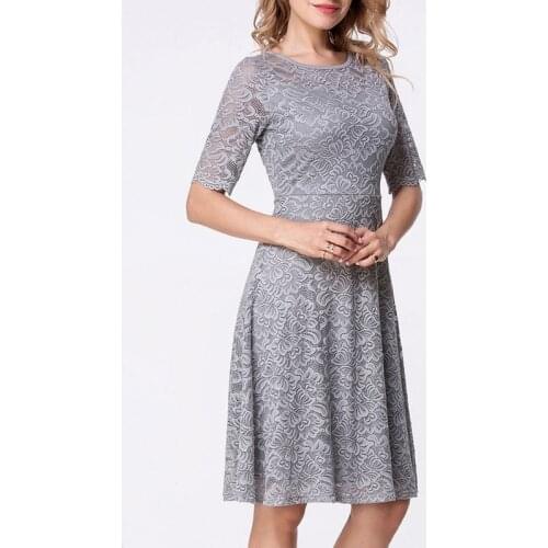Women Vintage Lace Dress 2020 Plus Size Summer Party Elegant Fashion Half Sleeve Knee Length Floral Red Blue Gray Black Dress