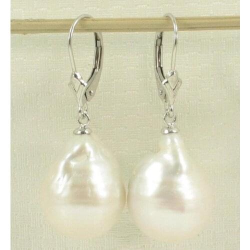 Free Shipping White Gold Leverback; White Nucleated Baroque Cultured Pearls Dangle Earring