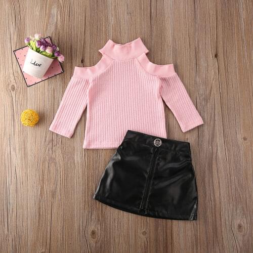 Infant Baby Girls Kids Clothes Sets Long Sleeve Knit Off Shoulder Pullover Sweater Tops PU Skirt Toddler Autumn Clothes Sets