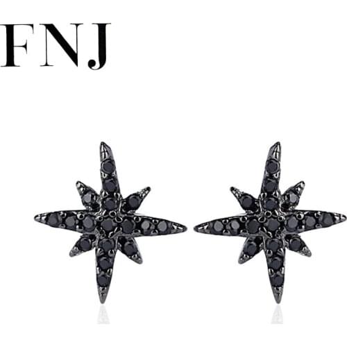 FNJ Eight awn star Earrings 925 Silver Jewelry Original Pure S925 Sterling Silver Stud Earring for Women White Black Zircon