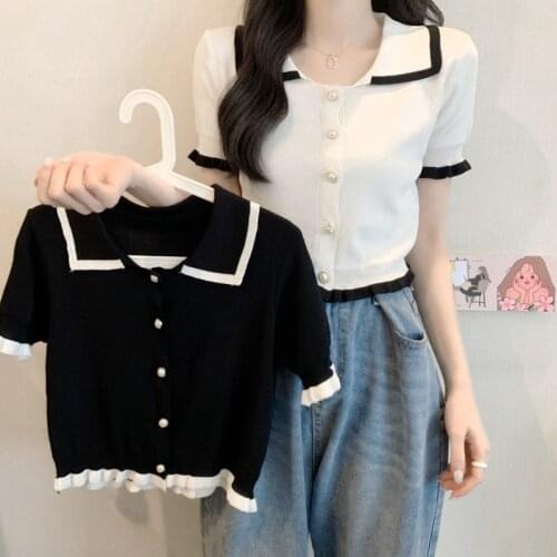 Short Sleeve T-shirt Women Summer Knitted Polo Collar Sweet Black White Contrast Color Ice Silk Tops Fashion Clothing Wholesale