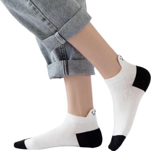 649D Female Girls Cute Cartoon Panda Embroidery Cotton Boat Socks Black White Stripes Low Cut College Style Shallow Mouth Short