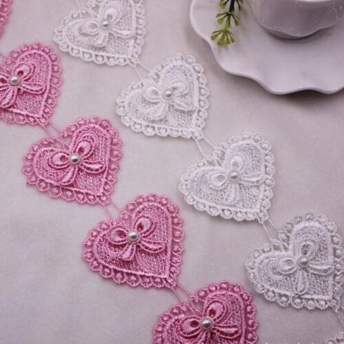 1Yards Heart-shaped Pearl Beaded Lace Fringe Embroidered Lace Ribbon Trim African Lace Fabric Handmade Sewing Supplies material