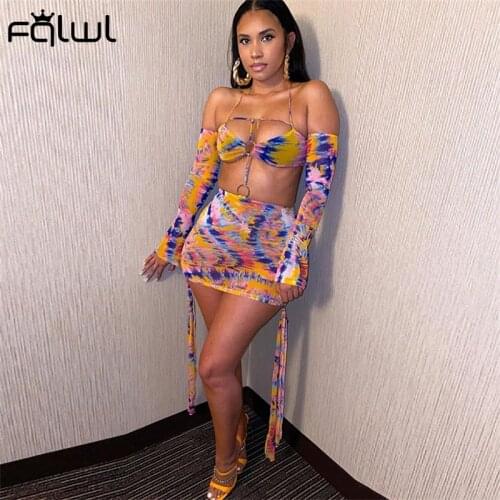 FQLWL Summer Streetwear Bodycon Dresses For Women 2021 Off Shoulder Backless Halter Dress Bandage Print Casual Party Mini Dress