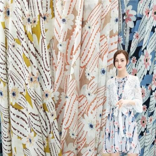 Micro - transparent cactus flower printed chiffon fabric bead pullover cloth dress shirt overskirt soft sagging fabric