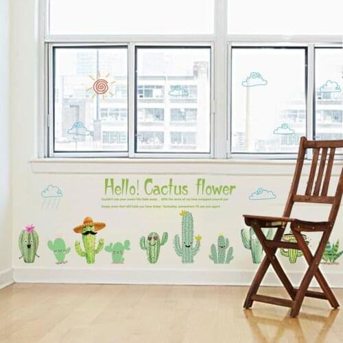 Cute Cactus Flower Smiley Wall Stickers For Home Baseboard Nursery Decor Pastoral Mural Art Green Plant Wall Decals