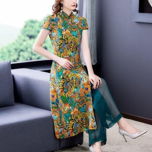 Fashion Printed Suit Women 2021 Summer Retro Stand Up Collar Cheongsam Mid-Length Wide Leg Pants Two Piece Set Qipao Tops zh1514