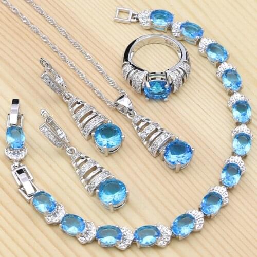 925 Sterling Silver Jewelry Sets for Girls Sky Blue Cubic Zirconia Ring Bracelet Necklace Pendant Earrings Set