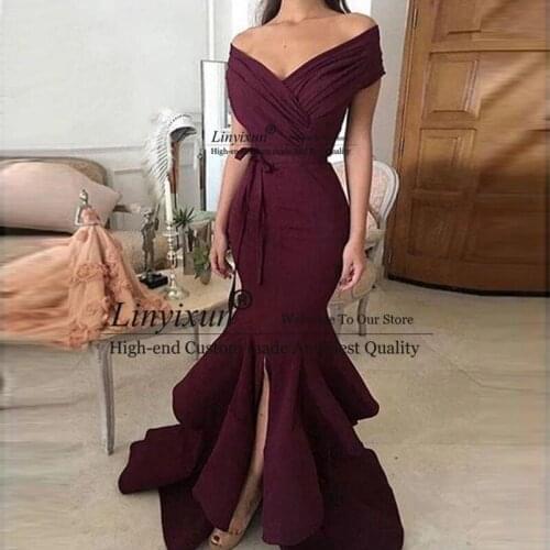 Charming V-Neck Satin Prom Dresses 2021 Pleat Mermaid Side Split Robe Longue Formal Evening Vestidos De Festa Graduation Gowns