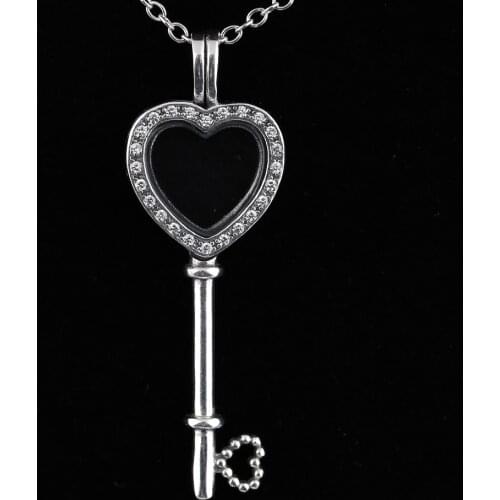 Original Sparkling Clear Crystal Floating Lockets Heart Key Necklace For 925 Sterling Silver Bead Charm Bracelet Europe Jewelry