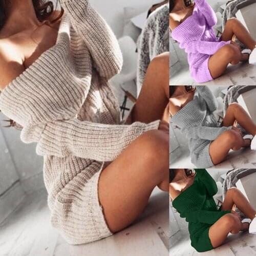 Autumn 2020 Sexy Off Shoulder Long Sweater for Women Knitted Pullover Tops Fashion Casual Solid Color Bodycon Dresses Streetwear