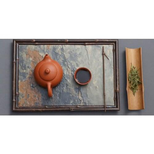Rectangular Stone and Bamboo Tea-Tray Separable Natural Rock Plate Kung Fu Tea Set Room Home Decoration Table Office Decor