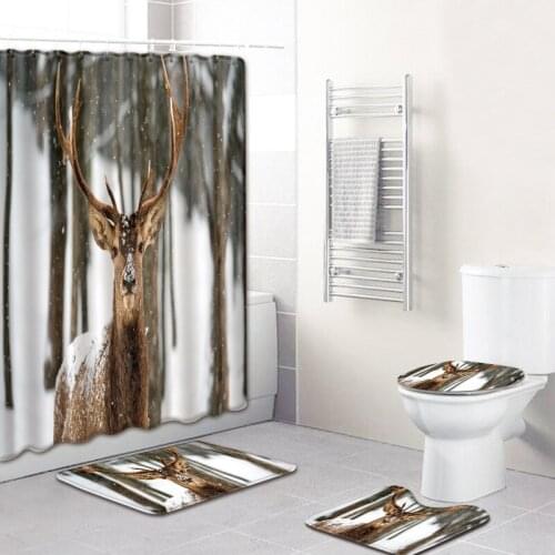 Sika Deer Animal Elk Printing Bathroom Carpet Set Four-piece Waterproof Shower Curtain Absorbent Non-slip Mat