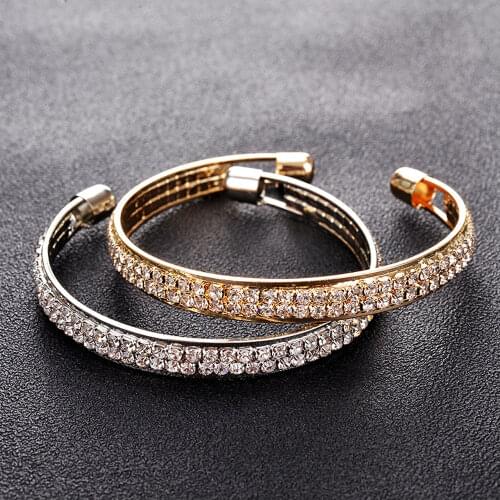 Luxury Two Row Diamands Open Bangle Metal Glossy Glitter Gold Women Fashion Elegant Rhinestone Cuff Bracelet Jewelry Gift