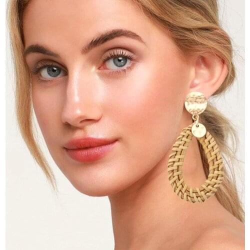 New Design Handmade Wooden Straw Weave Rattan Hollow Circle Drop Earrings Vine Braid Geometric Big Round For Women Jewelry 2019