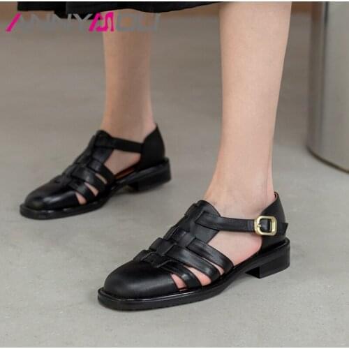 ANNYMOLI Gladiator Sandals Women Genuine Leather Shoes Low Heel Square Toe Ladies Sandals Rome Cow Leather Footwear Summer Black