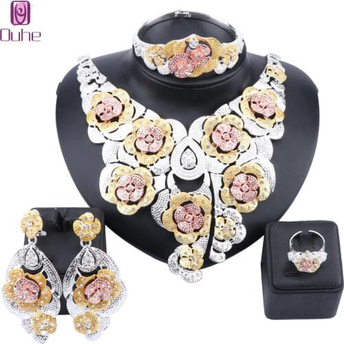 Dubai Bridal Jewelry Sets Flower Crystal Statement Necklace Earring Bangle Fashion Charm African Wedding Nigeria Jewelry Set