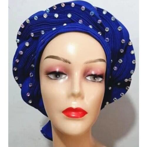 Nigerian auto gele headtie with stones African fabric ASO OKE turban femme head wrap women scarf high quality for party1set
