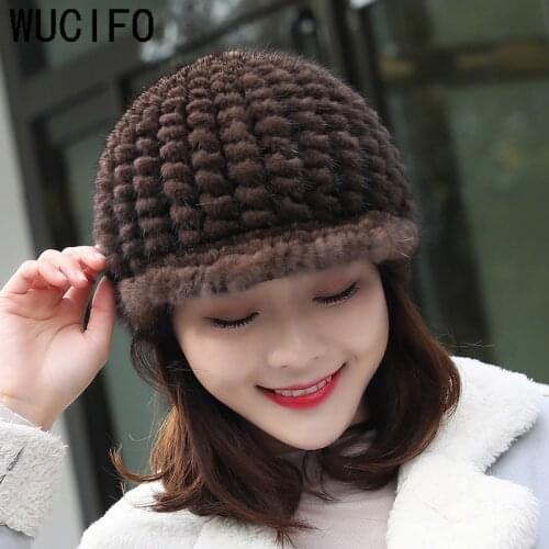Wucifo knitted mink fur hats casual female cap mink fur hats womens winter hat russian fur caps casquette Black beanies 2017