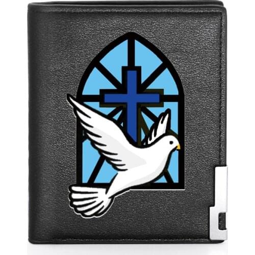 High Quality Luxury Christ Holy Dove Printing Leather Wallet Credit Card Holder Short Male Slim Purse For Men