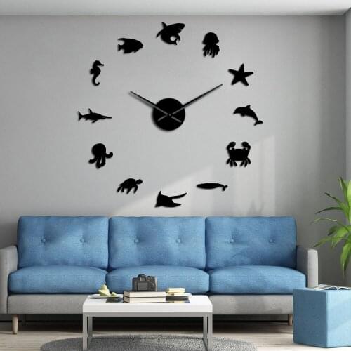 WE296 Best Selling Acrylic Marine Life Animal Mirror Wall Watch European Living Room Oversized Cartoon Wall Clocks Home Decor