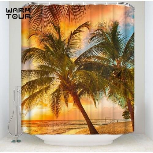 Bath Shower Curtains 36 x 78 Inches Beach Sunset Seascape Palm Tree Mildew-resistant Bathroom Decor Sets with Hooks